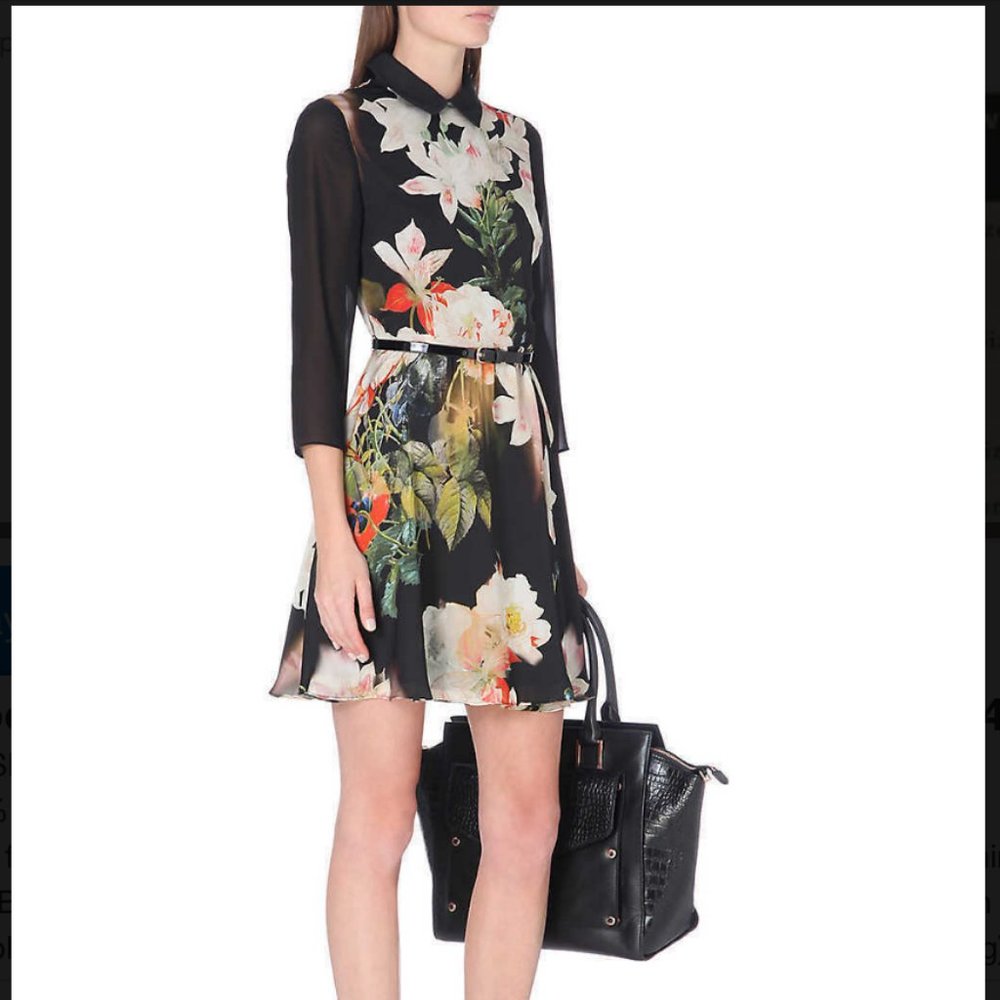 Ted Baker Black and Cream Floral Midi Dress